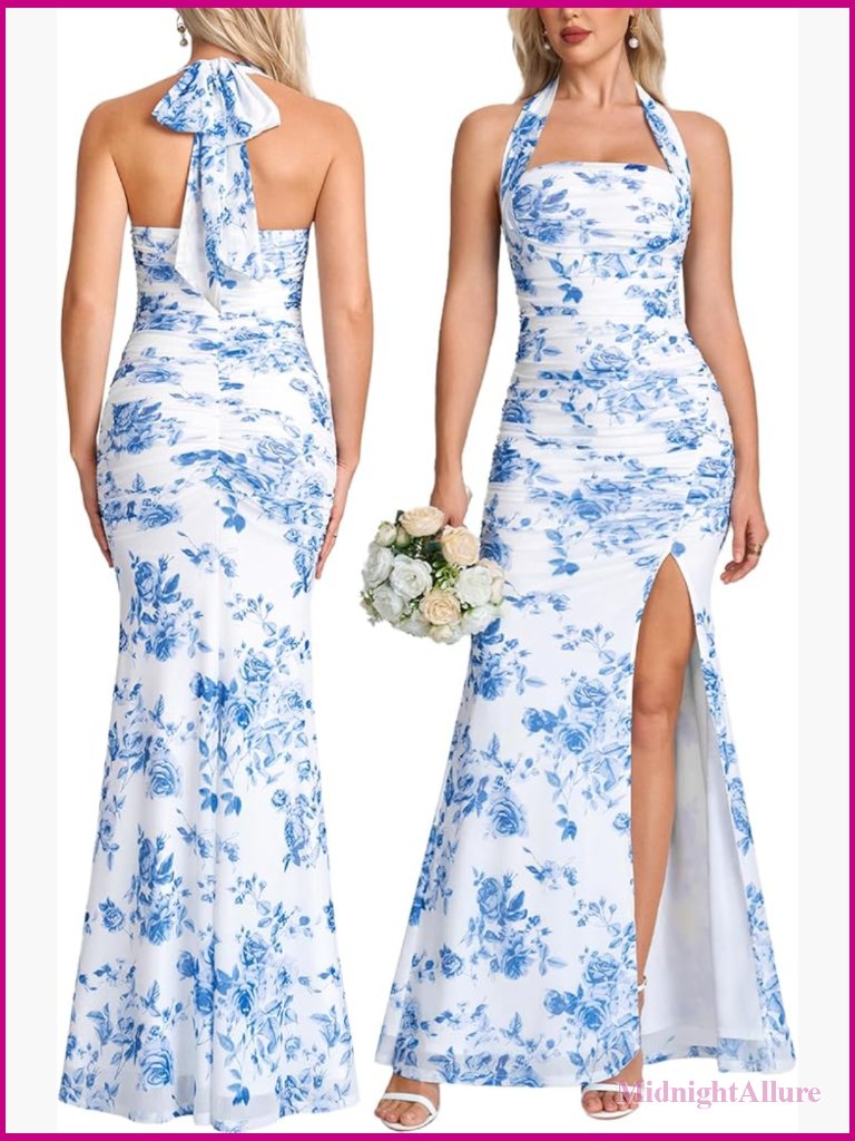 Bodycon Maxi Dress Halter Tie Ruched High Slit Formal Cocktail